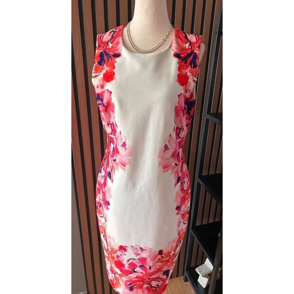 Calvin Klein Women Midi Dress size 8  White Pink Red Floral work dress or weddin